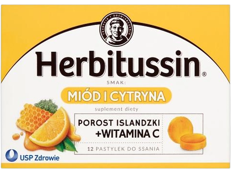Herbitussin, smak miodu i cytryny, pastylki do ssania, 12 szt.