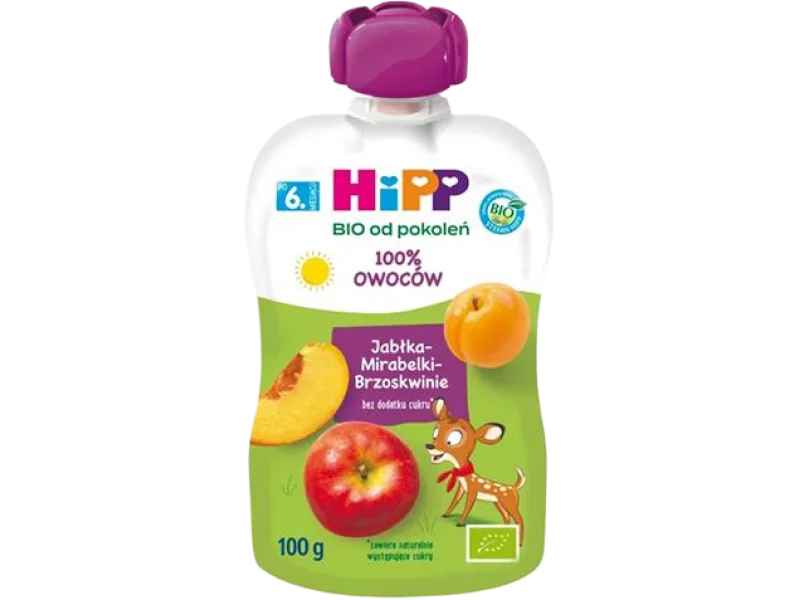 HiPP BIO od pokoleń, jabłka-brzoskwinie-mirabelki, po 6. miesiącu, mus, 100 g