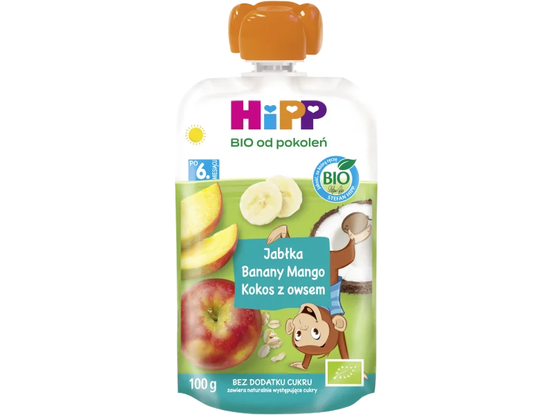HiPP BIO od pokoleń owocowo-zbożowy jabłka-banany-mango-kokos, mus, 100 g