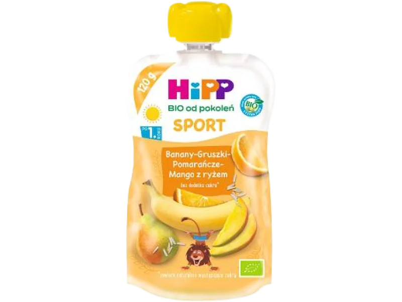 HIPP Hippis Sport banany-gruszki-pomarańcze-mango z ryżem BIO, mus, 120 g