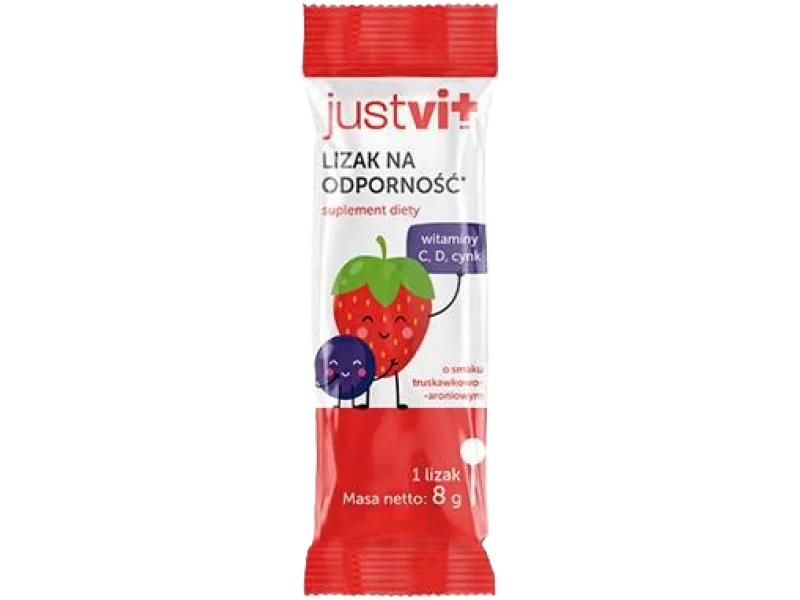 JUSTVIT Lizak na odporność o smaku truskawkowo-aroniowym, 1 szt.
