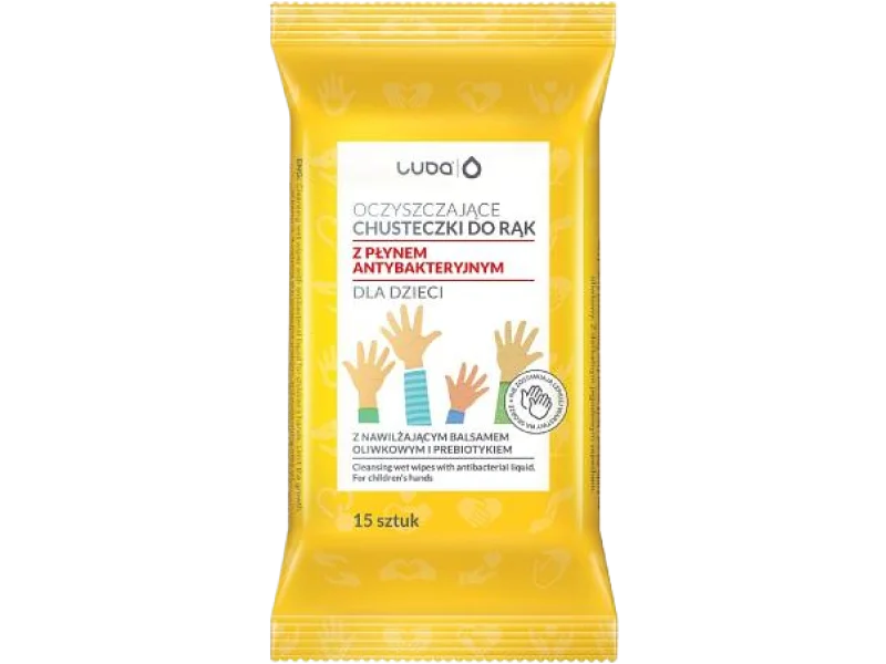 LUBA Oczyszczające chusteczki do rąk dla dzieci z płynem antybakteryjnym, 15 szt.