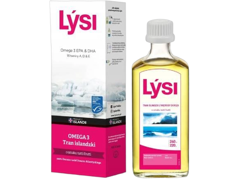 Lysi Tran islandzki, smak tutti frutti, płyn, 240 ml