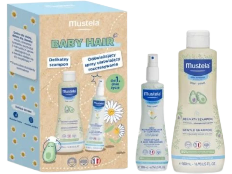 MUSTELA BABY HAIR Zestaw: Delikatny szampon + Odświeżający spray ułatwiający rozczesywanie, szampon,spray, 500 + 200 ml