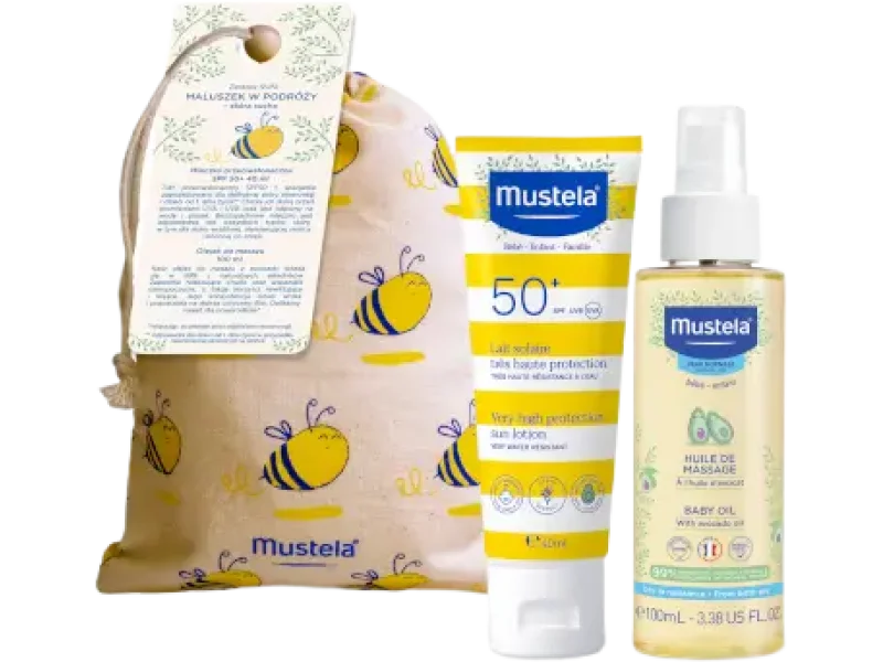 Mustela Sun maluszek w podróży mleczko przeciwsłoneczne SPF 50+ + olejek do masażu, mleczko + olejek, 40 + 100 szt.