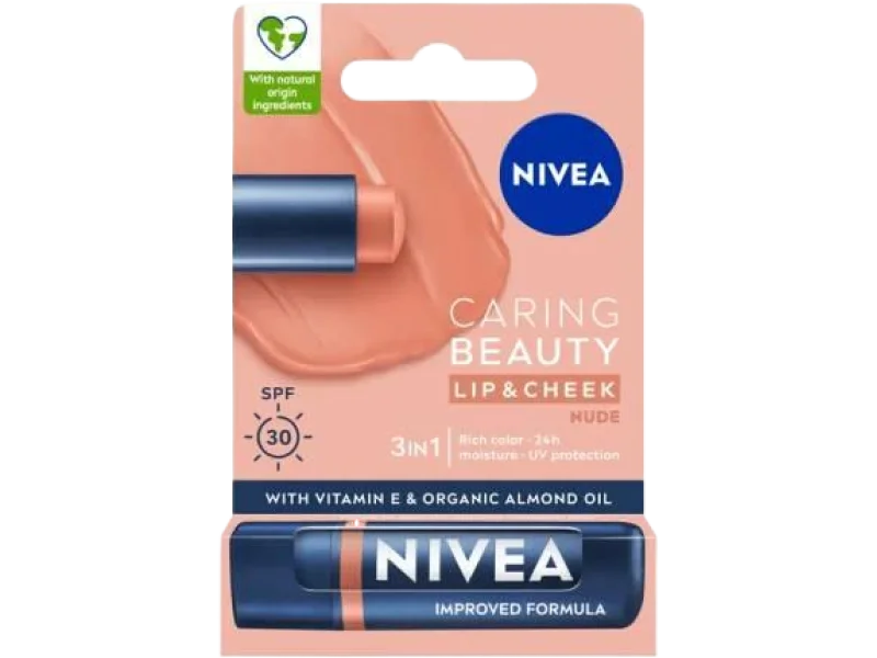 NIVEA Caring Beauty 3w1 Nude Pomadka pielęgnująca do ust SPF30, 4,8 g