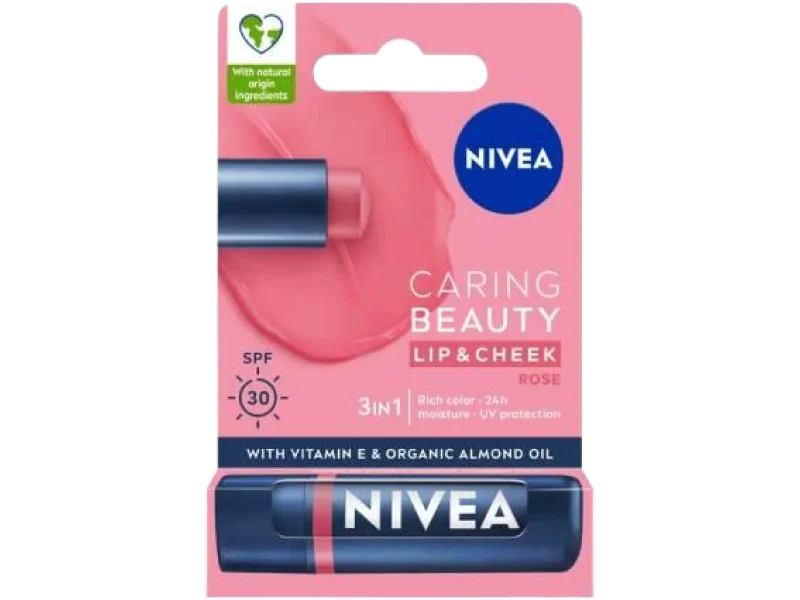 NIVEA Caring Beauty 3w1 Rose Pomadka pielęgnująca do ust SPF30, 4,8 g