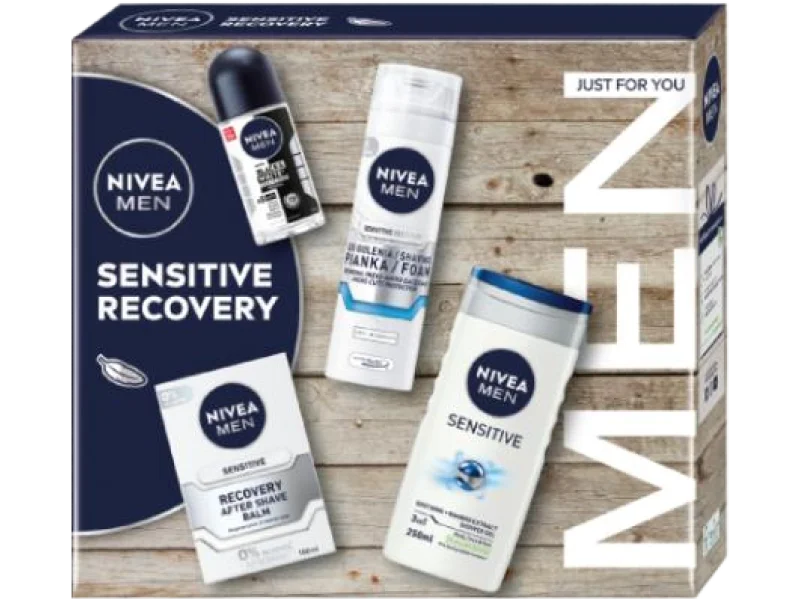 NIVEA MEN Sensitive Recovery zestaw żel pod prysznic 3w1 + antyperspirant roll-on + balsam po goleniu + pianka do golenia, żel + roll-on + balsam + pianka, 250ml + 50ml + 100ml + 200ml szt.