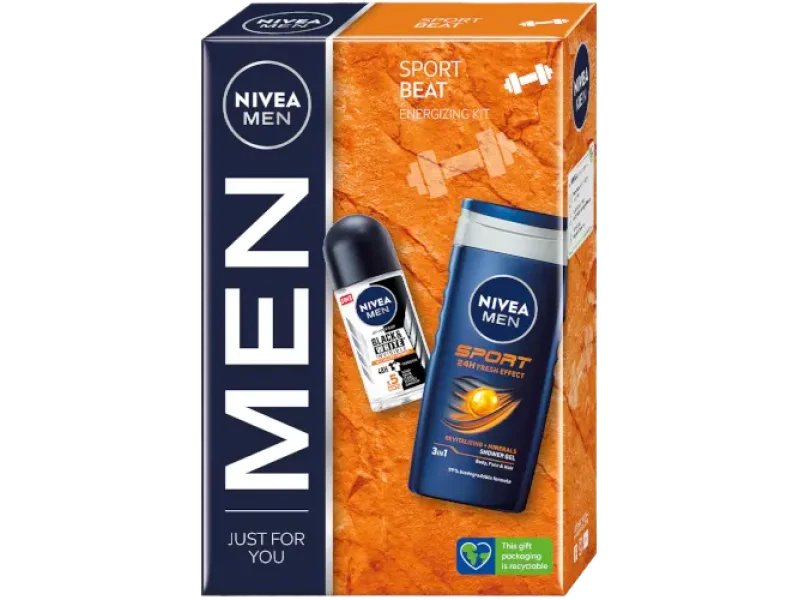 Nivea Sport Beat Nivea Men Sport żel pod prysznic 3w1 do ciała, twarzy i włosów + Nivea Men Black & White Invisible Ultimate Impact antyperspirant roll-on, 250 + 50 szt.