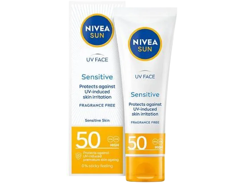 NIVEA SUN Sensitive Krem ochronny do twarzy dla skóry wrażliwej SPF50, 50 ml