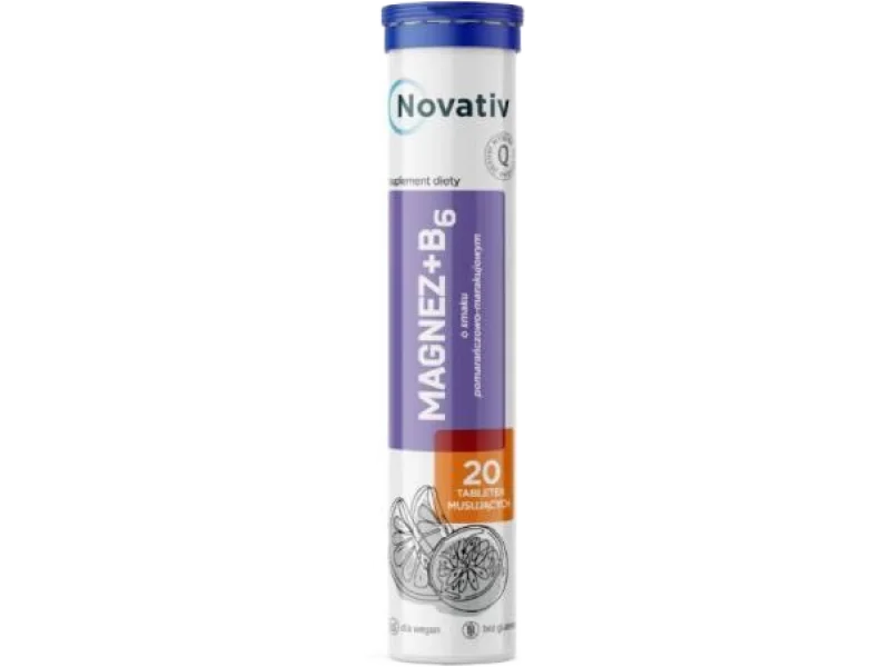 Novativ Magnez + B6, tabletki musujące, 200 mg + 1 mg, 20 tabl.