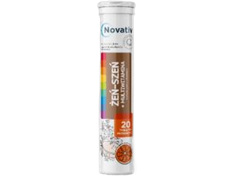 Novativ Żeń-szeń + multiwitamina, smak pomarańczowy, tabletki musujące, 20 tabl.