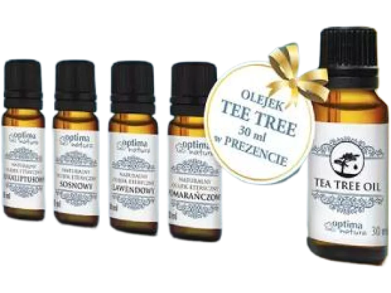 OPTIMA NATURA Zestaw Basic: Olejek eukaliptusowy + Olejek sosnowy + Olejek lawendowy + Olejek pomarańczowy + Olejek Tea Tree, 4x10ml + 1x30ml ml
