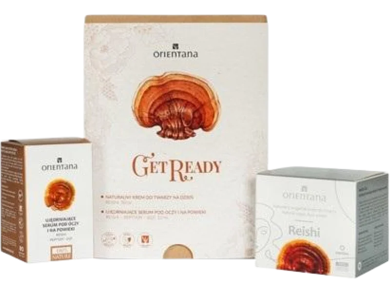 Orientana Zestaw Get Ready naturalny wegański krem do twarzy Reishi + ujędrniające serum pod oczy i na powieki Reishi peptydy EGF, krem + serum, 50,15 ml
