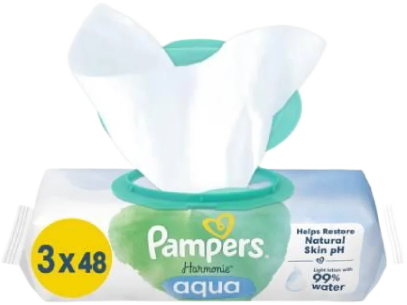 PAMPERS Chusteczki nawilżane harmonie aqua, 99%, 3×48 szt.