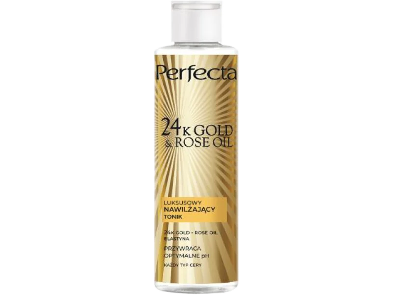 PERFECTA 24K Gold & Rose Oil Luksusowy nawilżający tonik do twarzy, płyn, 200 ml