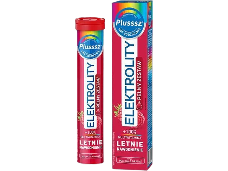 Plusssz Elektrolity + 100% multiwitamina, malina i granat, tabletki musujące, 24 tabl.