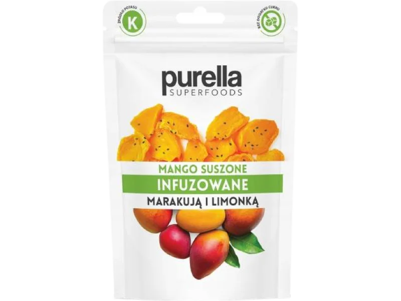Purella Superfoods Mango suszone, infuzowane marakują i sokiem z limonki, produkt sypki, 55 g