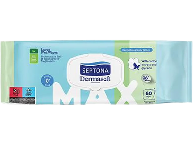 Septona Dermasoft Max chusteczki nawilżane z ekstraktem z bawełny i gliceryną, 60 szt.