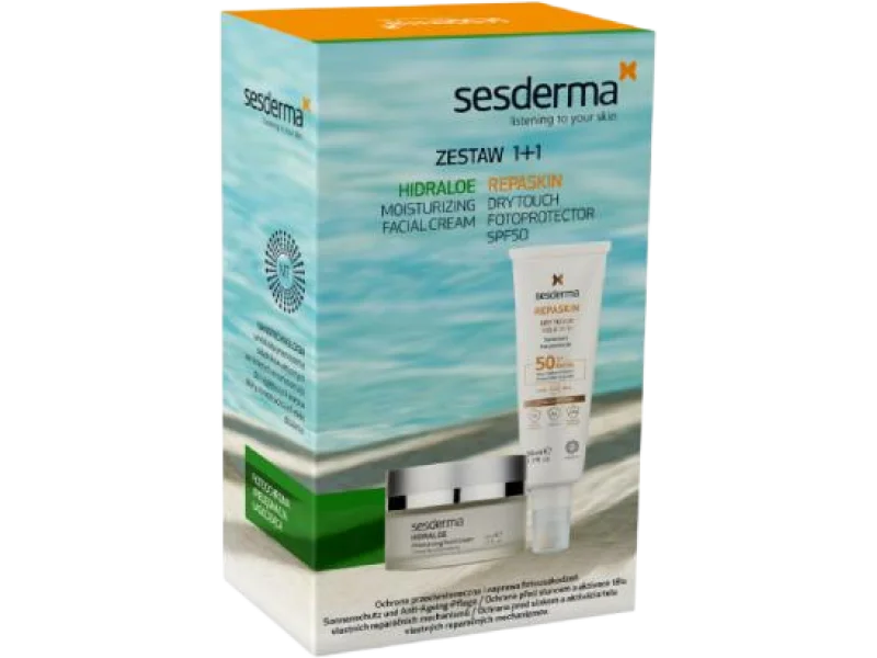 SESDERMA Zestaw REPASKIN DRY Fotoprotector SPF50 + Hidraloe Krem nawilżający, 50 + 50 ml