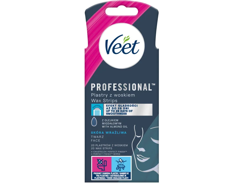 Veet Professional z woskiem do depilacji twarzy dla skóry wrażliwej, plaster, 20 szt.