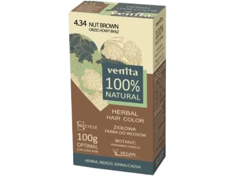 Venita Herbal Hair Color, ziołowa farba do włosów, 4.34 orzechowy brąz, proszek, 100 g