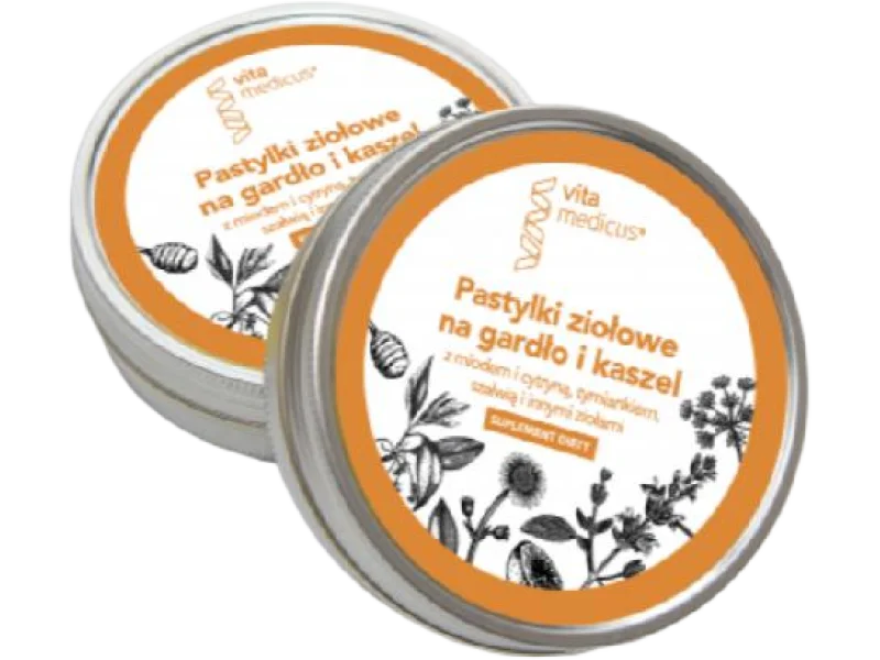 VitaMedicus Pastylki ziołowe na gardło i kaszel z miodem i cytryną, tymiankiem, szałwią i innymi ziołami, pastylki do ssania, 15 mg, 24 szt.