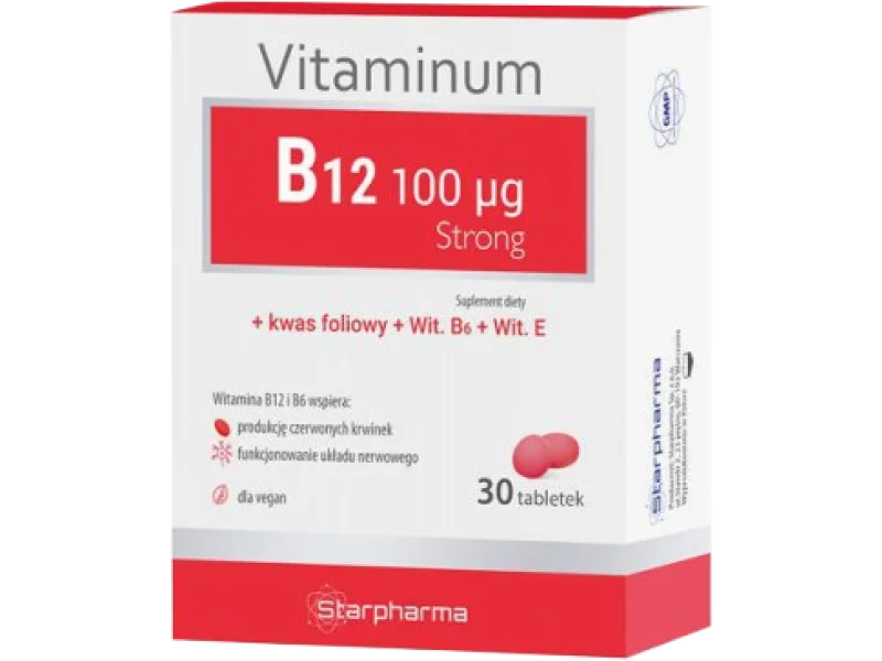 Vitaminum B12 100 mcg Strong + kwas foliowy i wit. E, tabletki, 30 tabl.