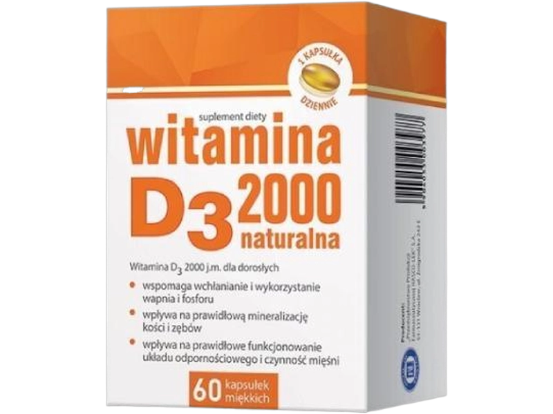 Witamina D3 naturalna, kapsułki miękkie, 50 µg, 60 kaps.