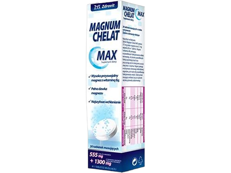 Zdrovit Magnum chelat Max, tabletki musujące, 375 mg + 0,7 mg, 20 tabl.