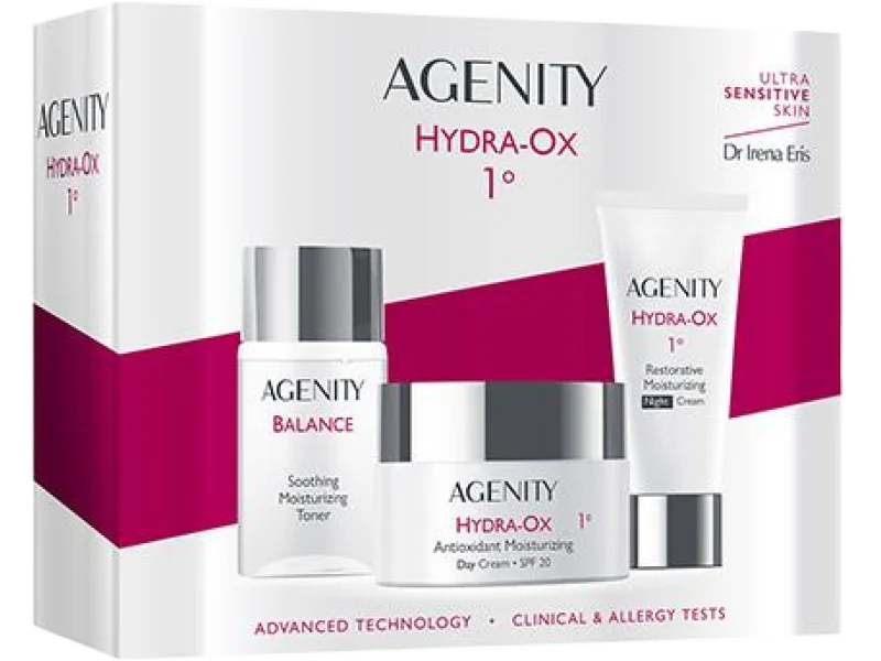 Zestaw Agenity Hydra-Ox Antyoksydacyjny krem nawilżający na dzień SPF 20 + Odbudowujący krem nawilżający na noc + Łagodzący tonik nawilżający, 125 ml